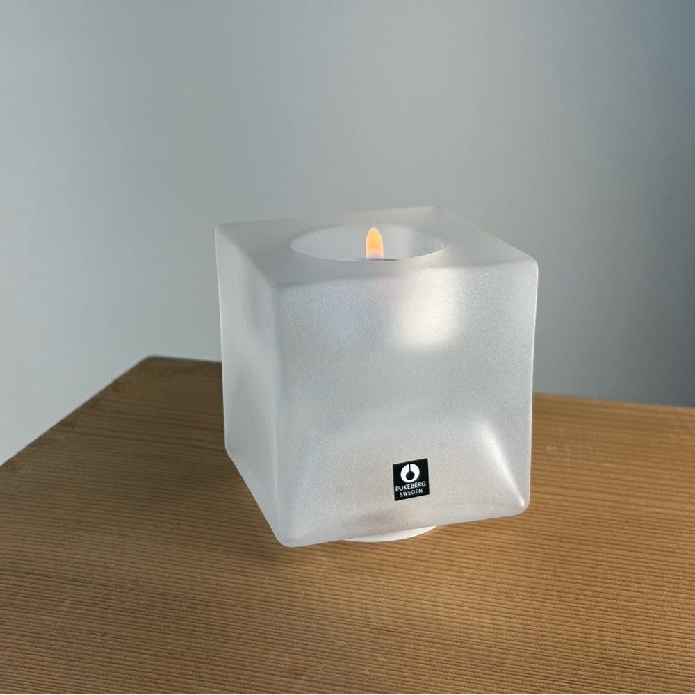 Scandinavian Modern Pukeberg Sweden Frosted Glass Cube Tea Light Candle Holder